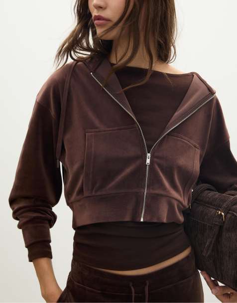 Stradivarius - Capuche zippée en velours - Marron - view 1