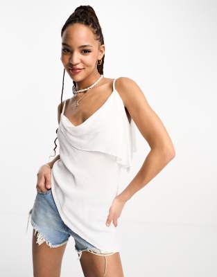 Stradivarius asymmetric draped cami top in white  - ASOS Price Checker