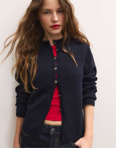Stradivarius - Cardigan con colletto con fascetta in maglia blu scuro - view 1