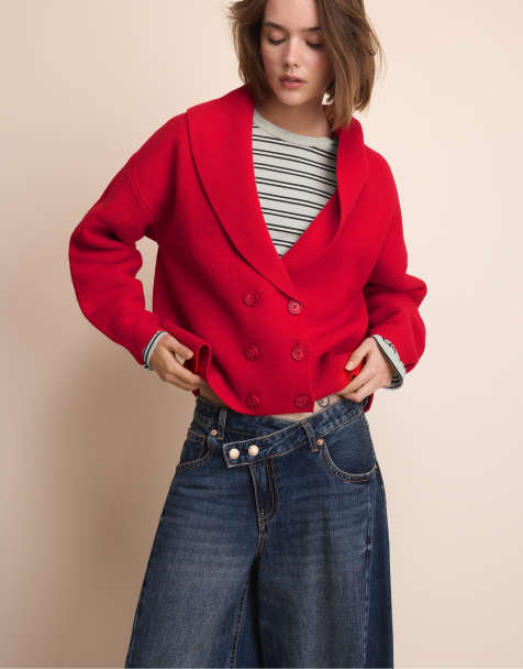Stradivarius cardigan en maille à double boutonnage à revers rouge - view 1