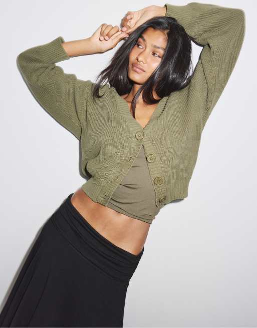 Stradivarius cardigan i strik med V-hals i khaki, 5 af 7