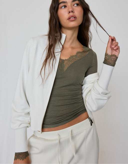 Stradivarius cardigan in maglia aderente con zip color ecru, 2 di 7