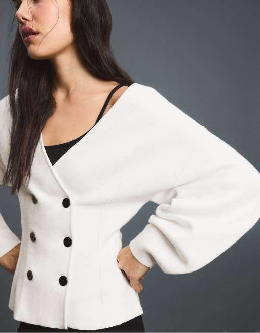 Stradivarius cardigan in maglia con bottoni a contrasto color ecru, 2 di 7