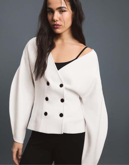 Stradivarius cardigan in maglia con bottoni a contrasto color ecru, 5 di 7