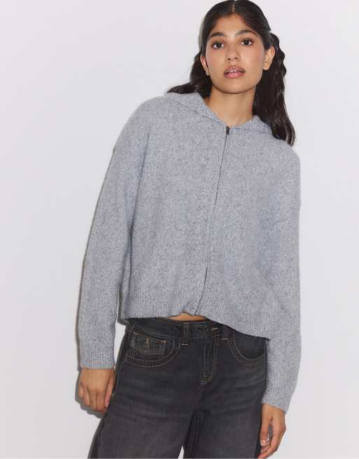 Stradivarius cardigan in maglia con cappuccio e zip grigio mélange, 2 di 7