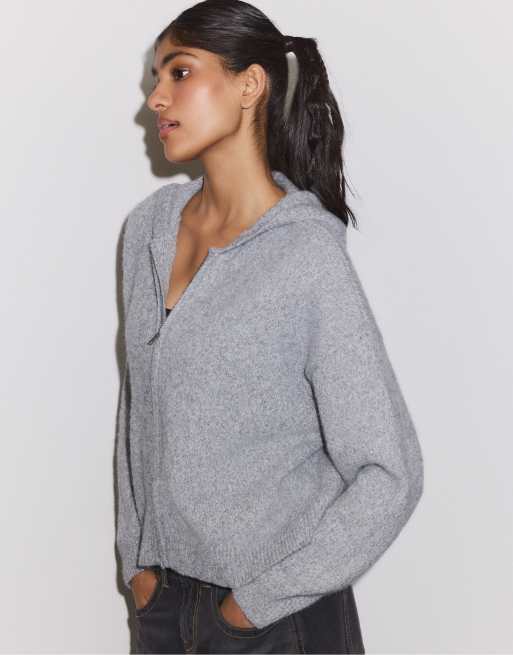 Stradivarius cardigan in maglia con cappuccio e zip grigio mélange, 4 di 7