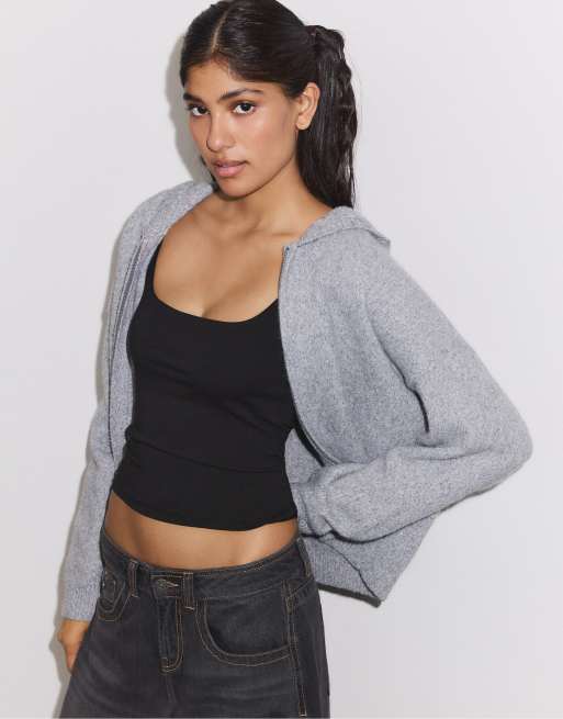 Stradivarius cardigan in maglia con cappuccio e zip grigio mélange, 5 di 7