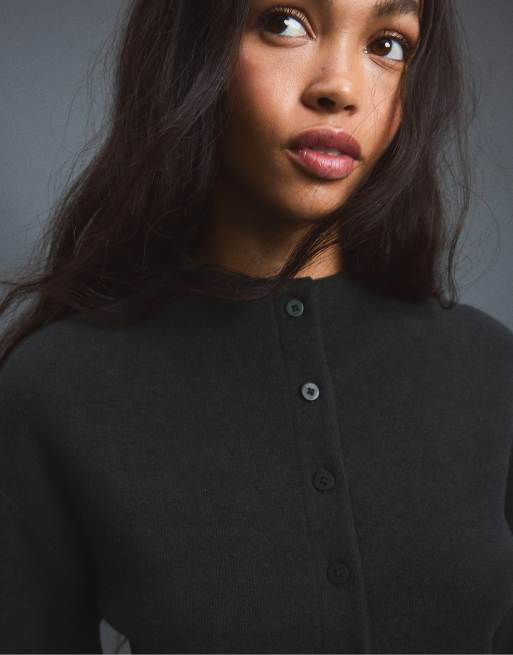 Stradivarius cardigan in maglia con collo alla coreana grigio scuro, 3 di 6