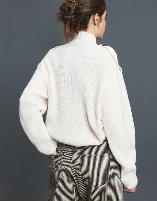 Stradivarius cardigan in maglia con collo alto e bottoni color vaniglia, 3 di 7