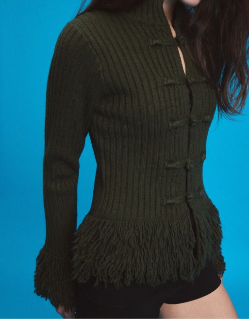 Stradivarius cardigan in maglia con frange kaki, 2 di 7
