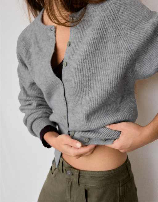 Stradivarius cardigan in maglia con maniche raglan grigio mélange, 4 di 7