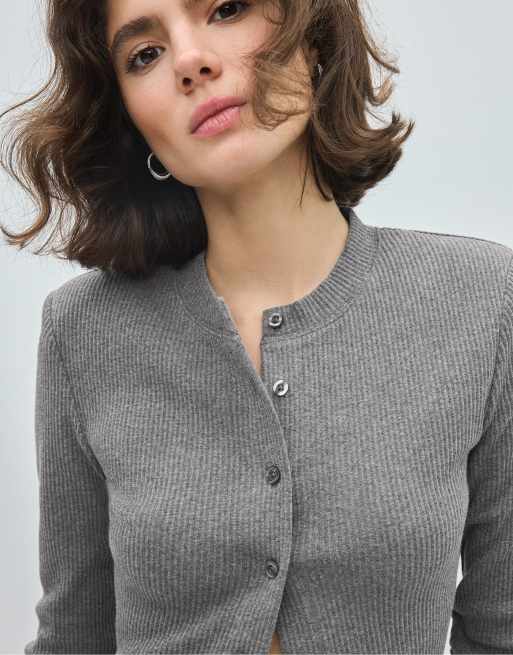 Stradivarius cardigan in maglia con spalline grigio scuro, 4 di 7