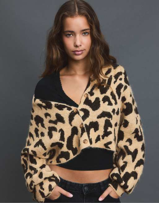 Stradivarius cardigan in maglia con stampa leopardata beige, 3 di 7