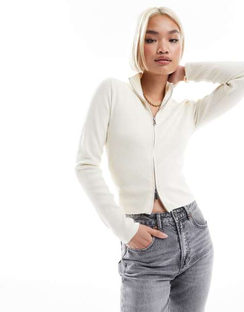 Stradivarius - Cardigan in maglia écru con zip - view 1