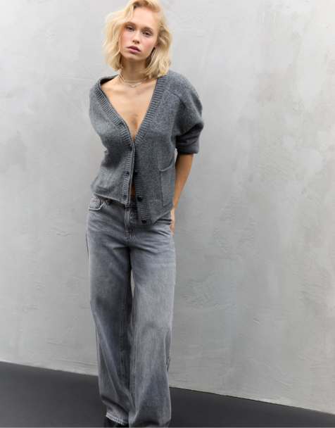 Stradivarius - Cardigan in maglia grigio scuro con colletto sovrapposto - view 1