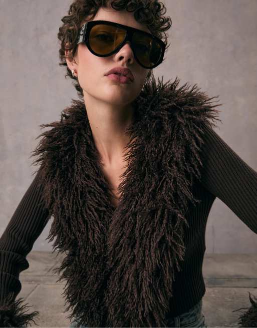 Stradivarius - Cardigan in maglia marrone con pelliccia sintetica rimovibile, 3 di 4