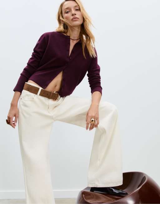 Stradivarius - Cardigan in maglia morbido al tatto color melanzana con bottoni