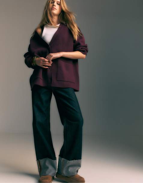 Stradivarius - Cardigan in maglia vestibilità classica color melanzana con bottoni - view 1