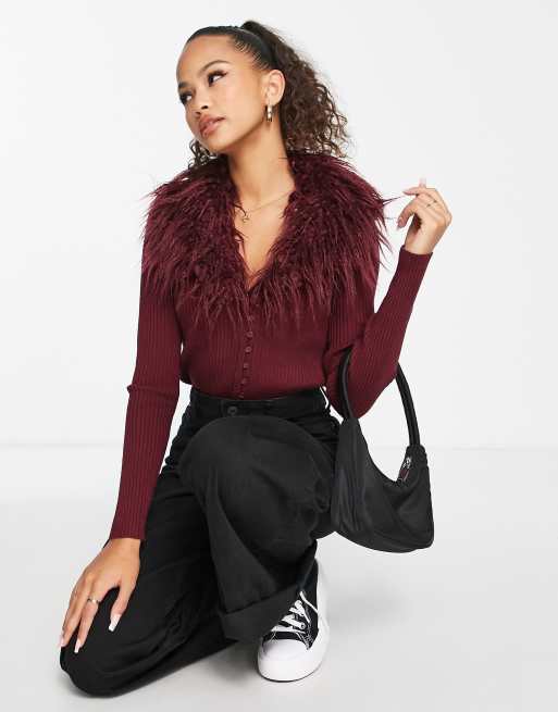 Stradivarius cardigan with faux fur trim collar in wine ASOS