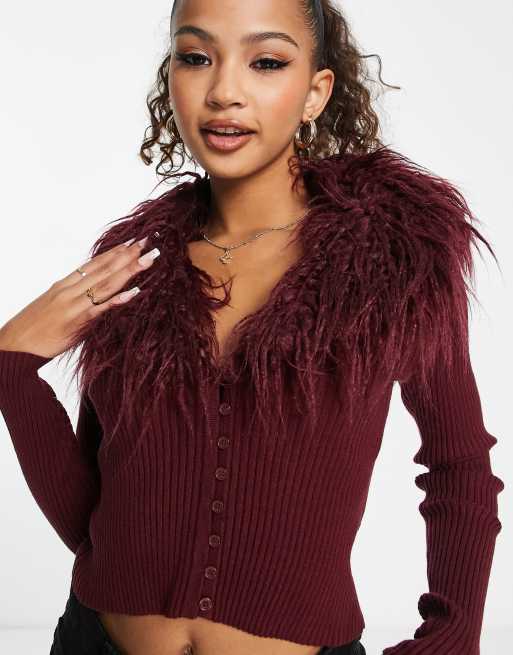 Stradivarius cardigan with faux fur trim collar in wine ASOS