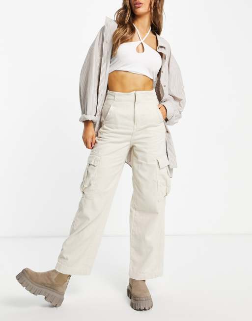 Stradivarius cargo detail trousers in ecru