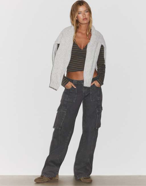 Stradivarius cargobroek met lage taille in donkergrijs, 5 van 7