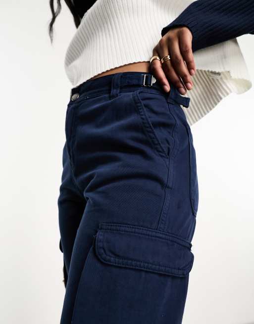 Stradivarius - Cargobroek met rechte pijpen en verstelbare taille in donkerblauw, 4 van 4