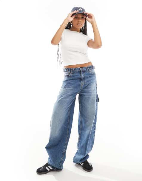 Stradivarius carpenter jean with adjustable waist in medium blue - view 1
