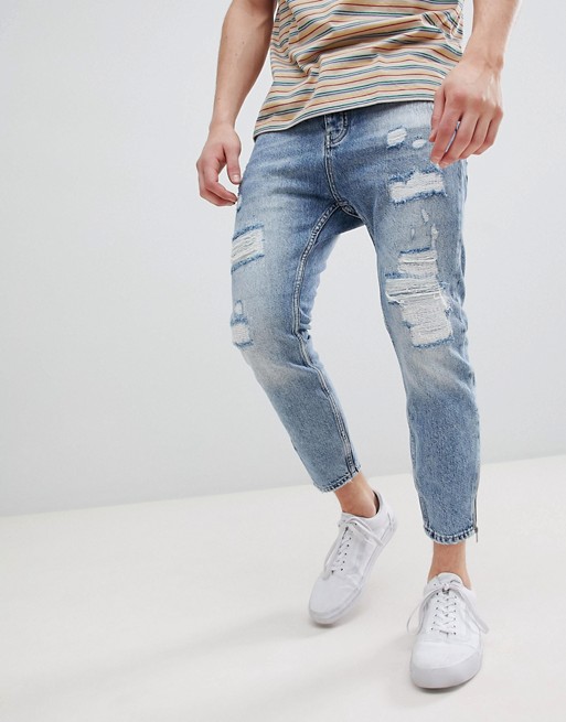 Stradivarius Carrot Fit Jeans With Zips and Abrasion In Light Blue | ASOS