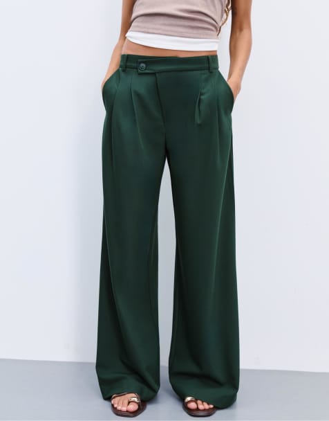 Stradivarius Casual smart trousers with crossover waist in green