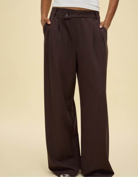 Stradivarius Casual striped smart trousers with crossover waist in brown