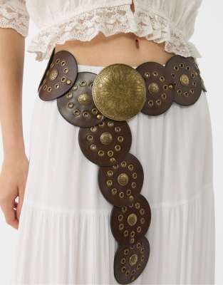 Stradivarius - Ceinture cloutée à plaque - Marron-Brown