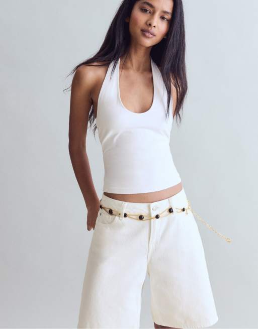 Stradivarius ceinture en métal à double rangée avec pierres rondes vertes kaki, 3 de 4