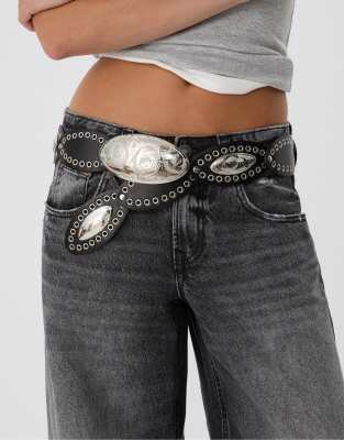 Stradivarius - Ceinture large à boucles ovales - Noir