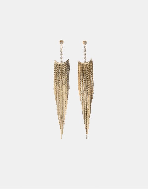 Stradivarius Chain and rhinestone cascading earrings in gold - view 1