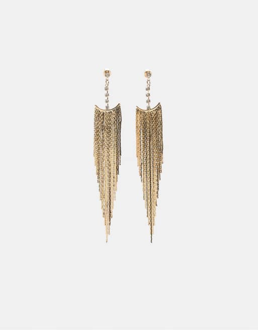 Stradivarius Chain and rhinestone cascading earrings in gold