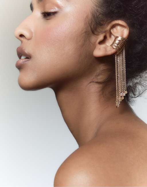 Stradivarius Chain and rhinestone ear cuff in gold