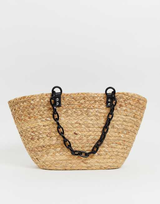 Stradivarius chain handle straw shopper in beige | ASOS