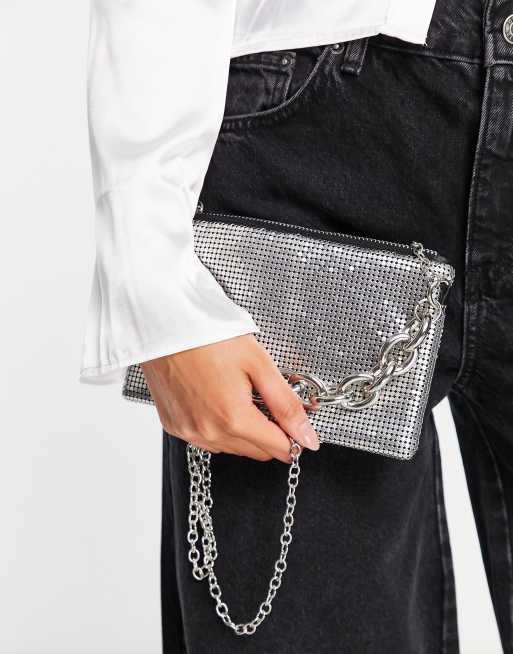 Stradivarius chainmail cross body bag in silver with chain handle detail