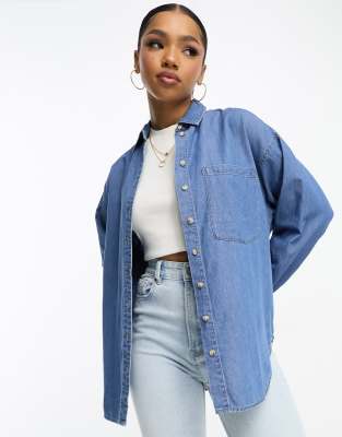 Stradivarius chambray denim shirt in light blue