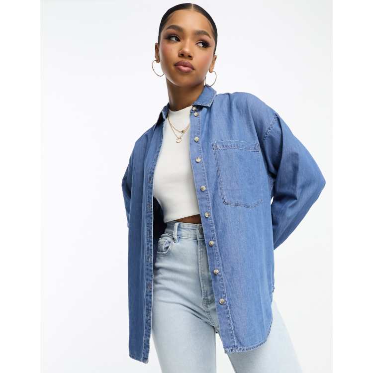 Stradivarius chambray denim shirt in light blue