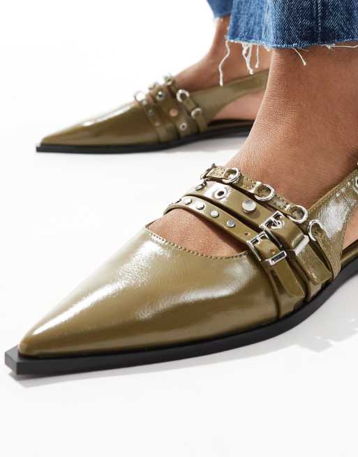 Stradivarius Chaussures plates a bout pointu avec boucles Vert ASOS