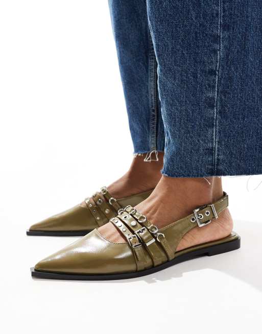 Stradivarius Chaussures plates a bout pointu avec boucles Vert ASOS