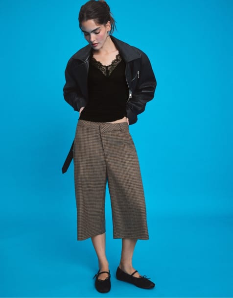 Stradivarius Check crossover waist smart bermuda shorts in beige