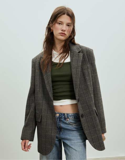 Stradivarius Check oversize blazer in dark grey - view 1