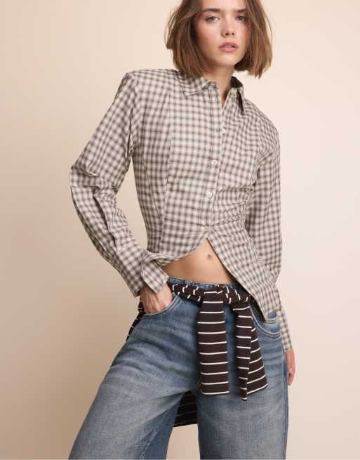 Stradivarius Check shirt with padded shoulders in beige, 5 of 7