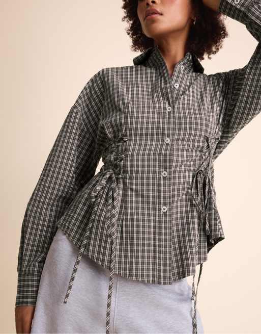 Stradivarius Check shirt with tie detail in brown, 2 of 7