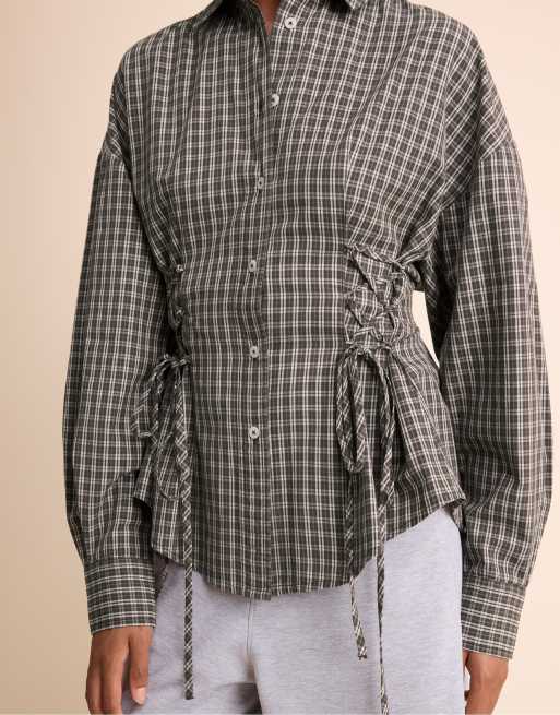 Stradivarius Check shirt with tie detail in brown, 4 of 7