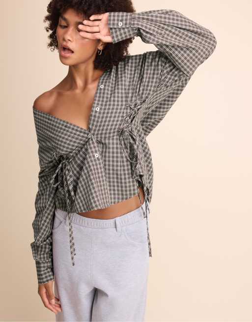 Stradivarius Check shirt with tie detail in brown, 5 of 7