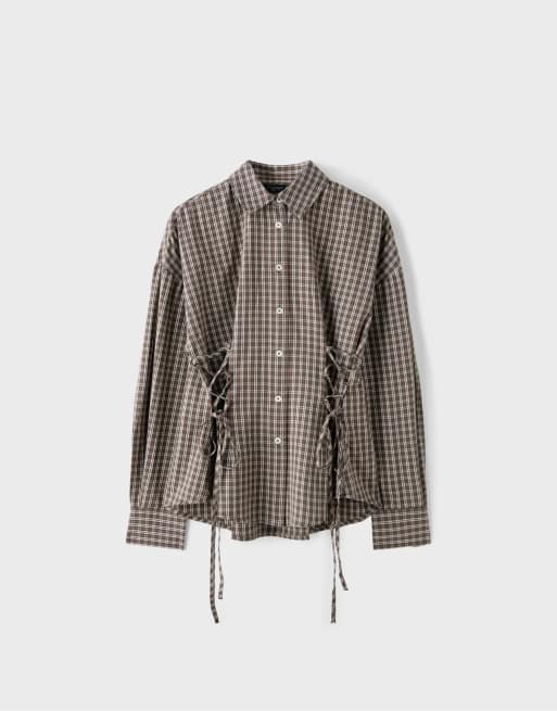 Stradivarius Check shirt with tie detail in brown, 7 of 7